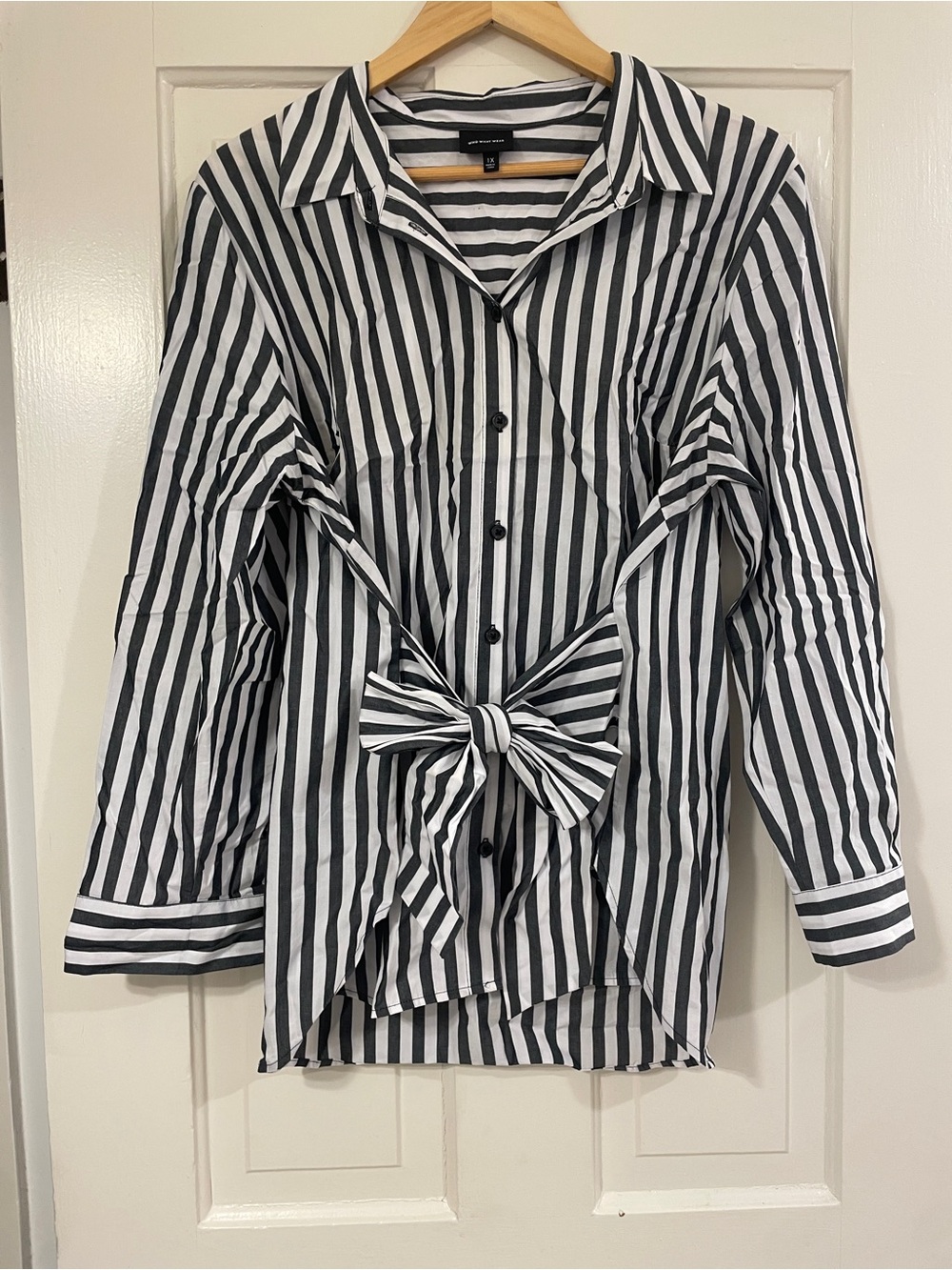 Who What Wear Black and White Striped Collared Shirt
